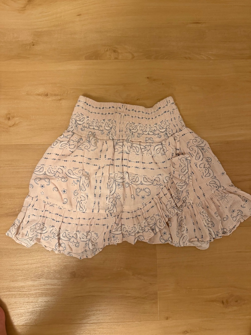 Ocean Drive Pale Pink Ruffled Skater Skirt with Blue Paisley Print